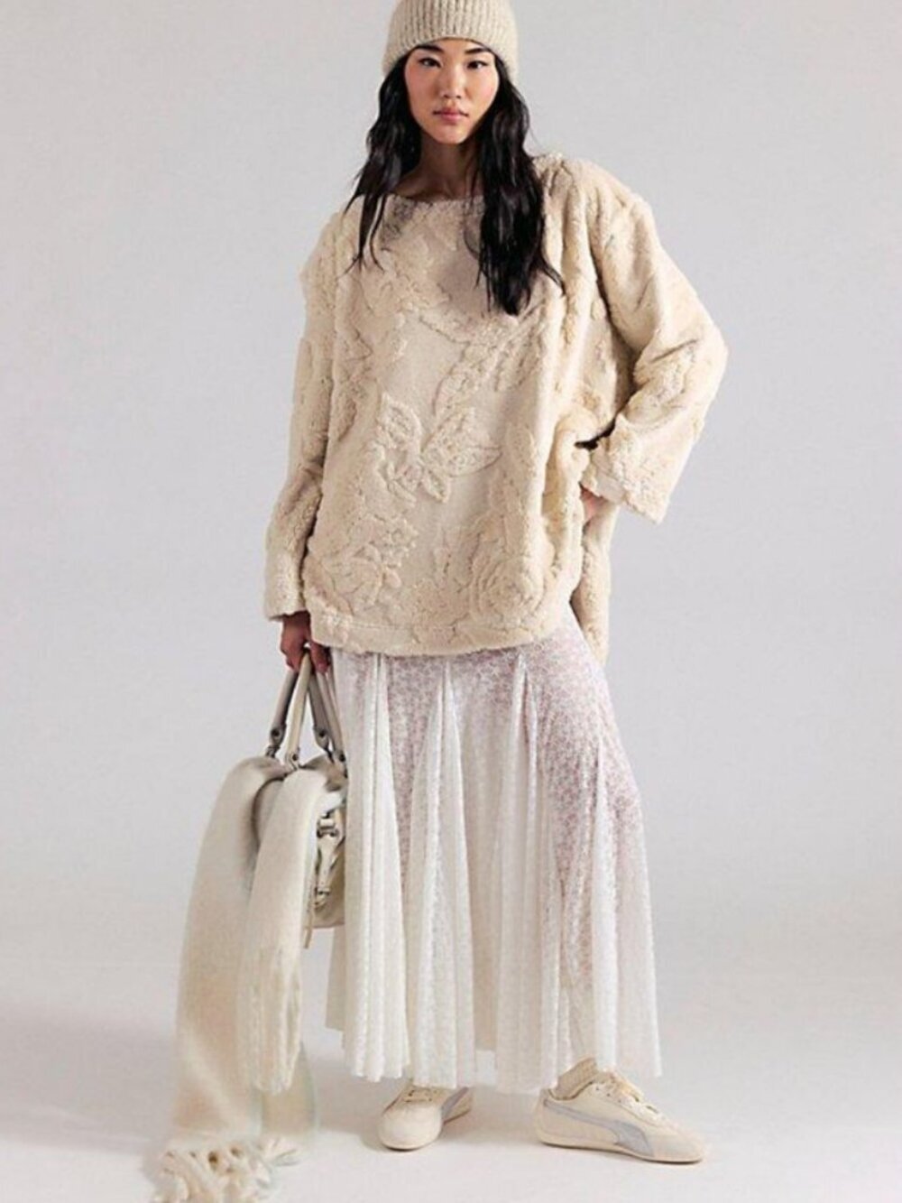 NWT Free People Calla Sherpa Pullover in Ivory Combo